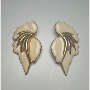 Vintage Earrings 80's Leaf Cream & Gold Large Costume Jewlery